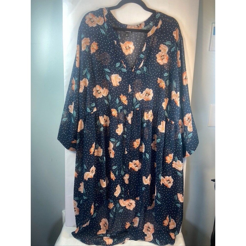 TORRIS WOMENS SZ 6X BLUE FLORAL SHEER BLOUSE 3/4 SLEEVE